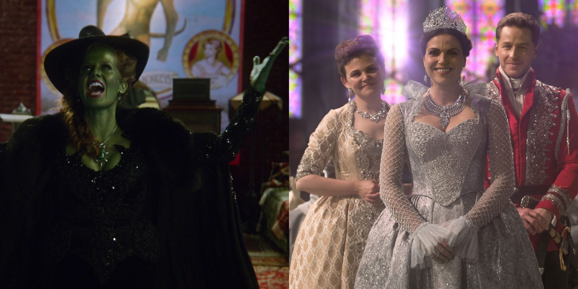Split image of Zelena singing and Regina being crowned the Good Queen by Snow White and Prince Charming in Once Upon A Time