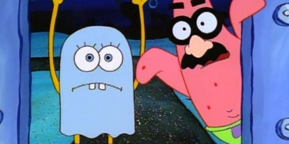 Patrick e Bob Esponja travessuras ou travessuras em trajes não assustadores em SpongeBob SquarePants: Scaredy Pants