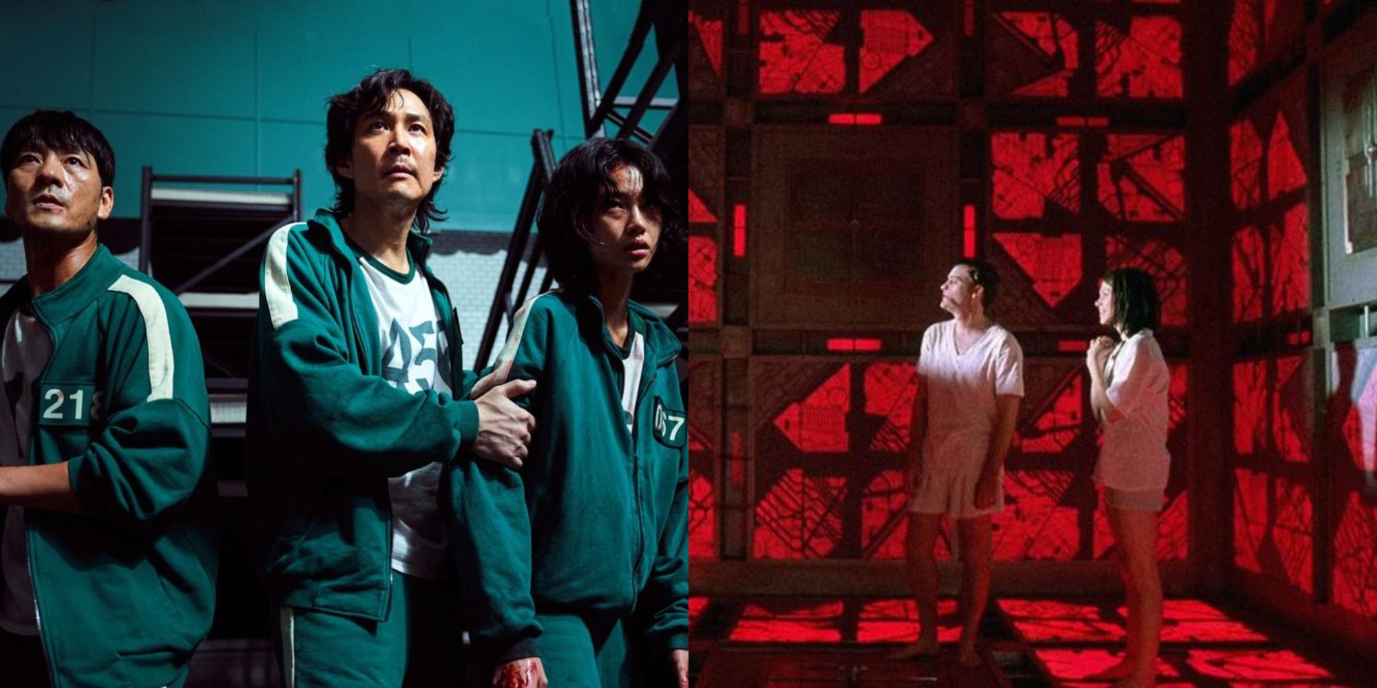 Split image showing characters from Squid Game and the 1997 movie Cube