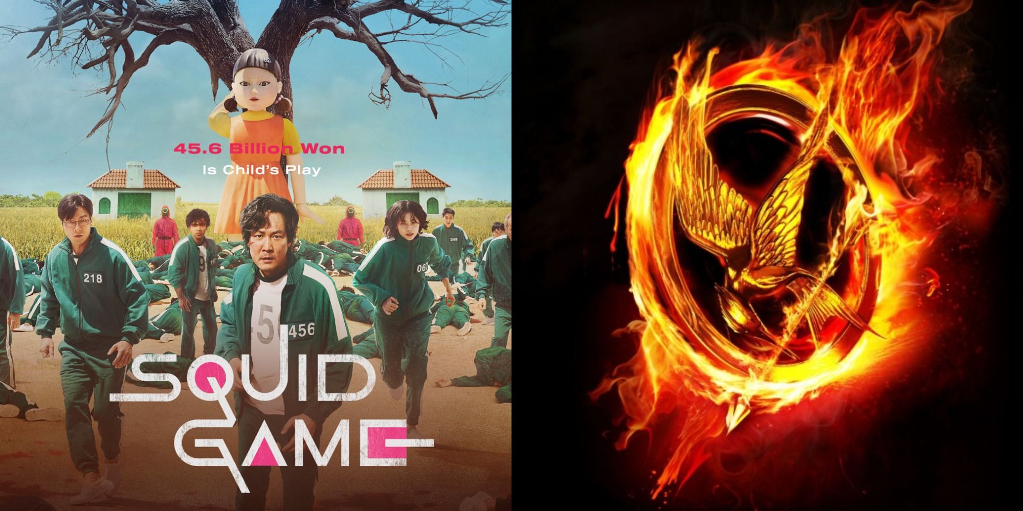 Split image showing a poster for Squid Game and the flaming logo of the Hunger Games