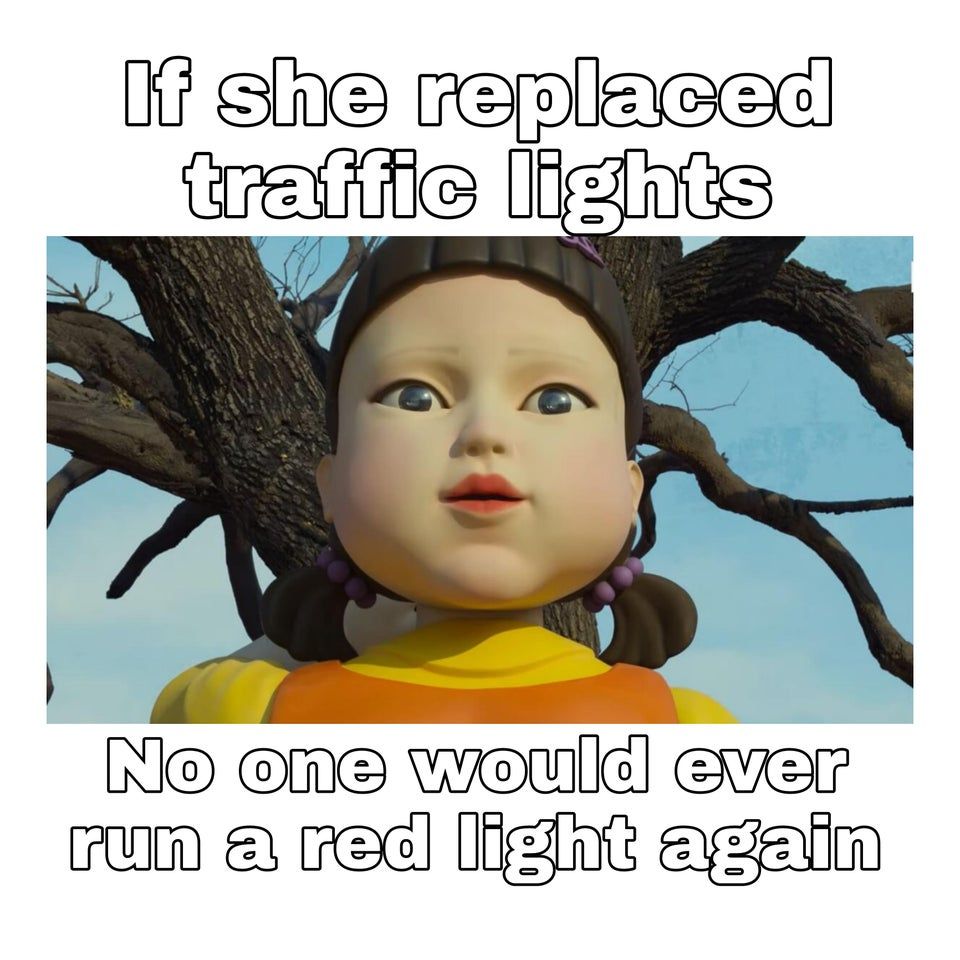 Meme of Green Light, Red Light doll from Squid Game