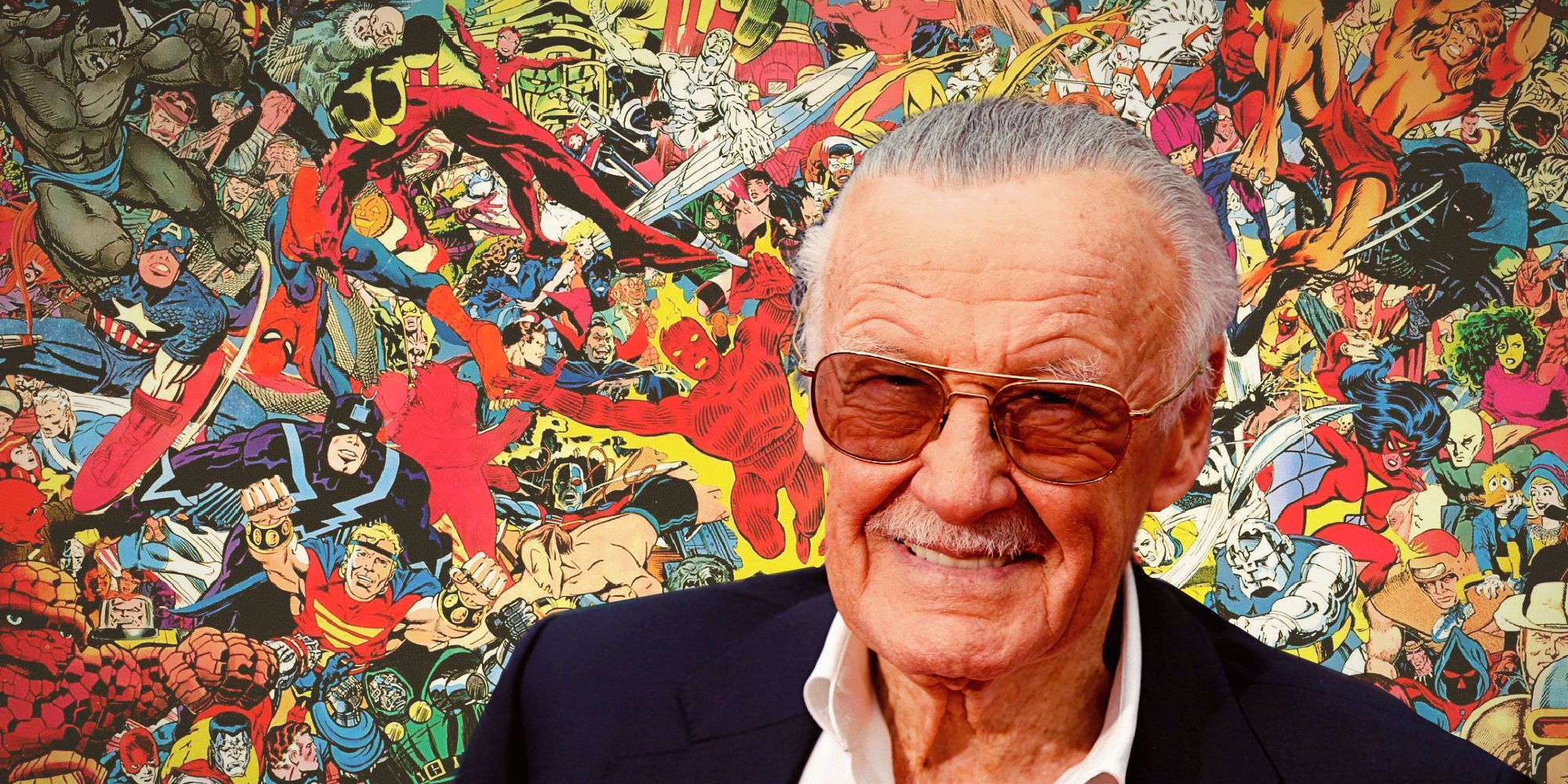 Stan Lee in Front of Marvel Collage
