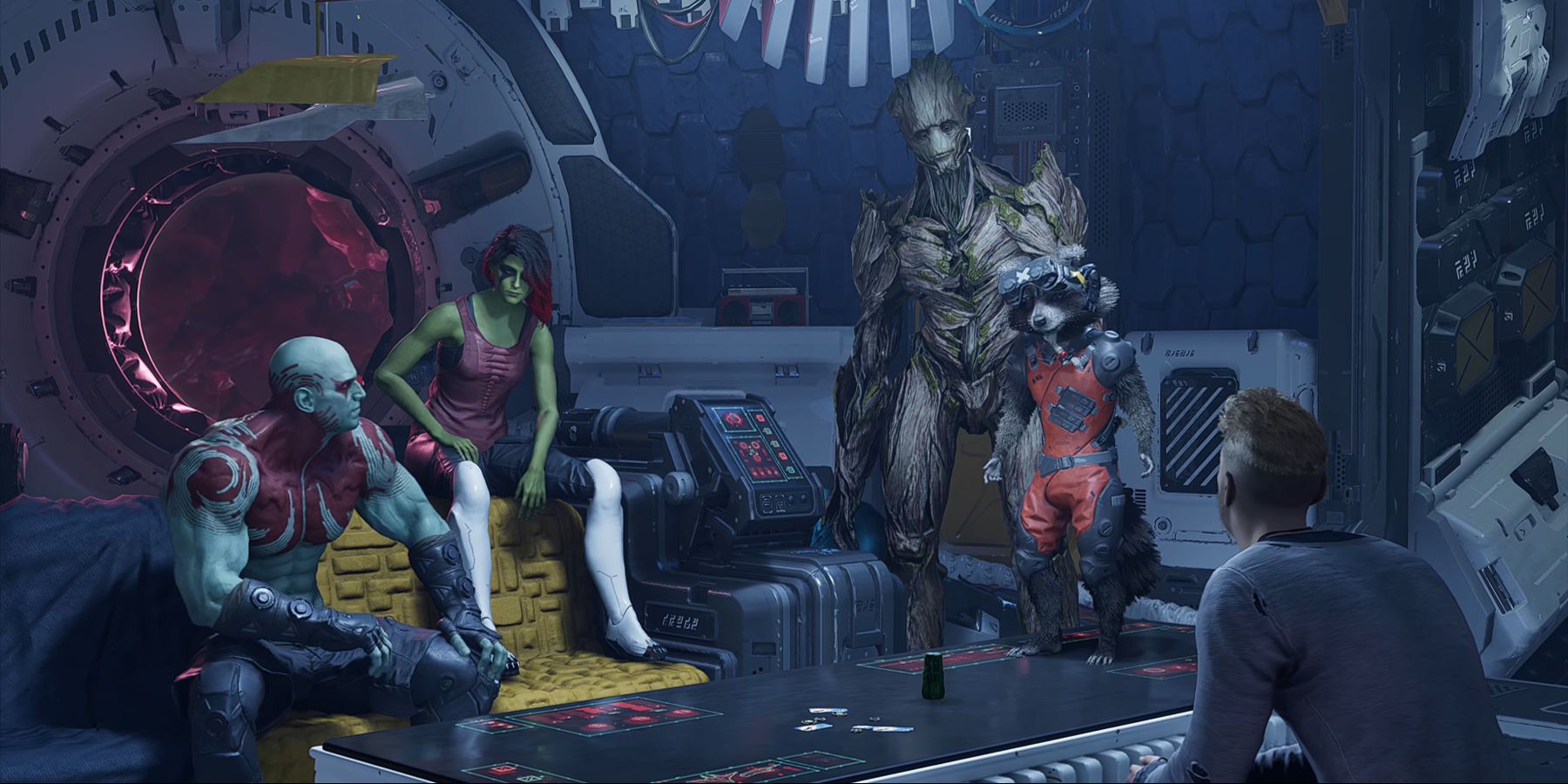 Star-Lord speaking with the Guardians on the Milano in Marvel's Guardians Of The Galaxy