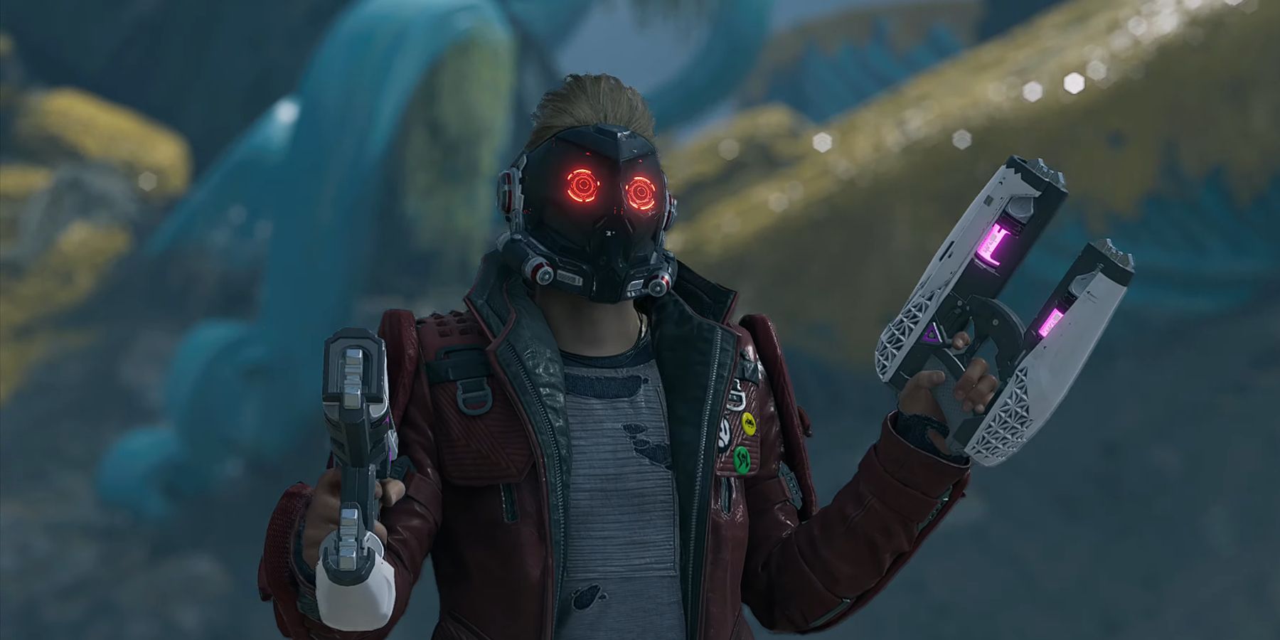 Star-Lord empunhando suas Element Guns em Marvel's Guardians Of The Galaxy