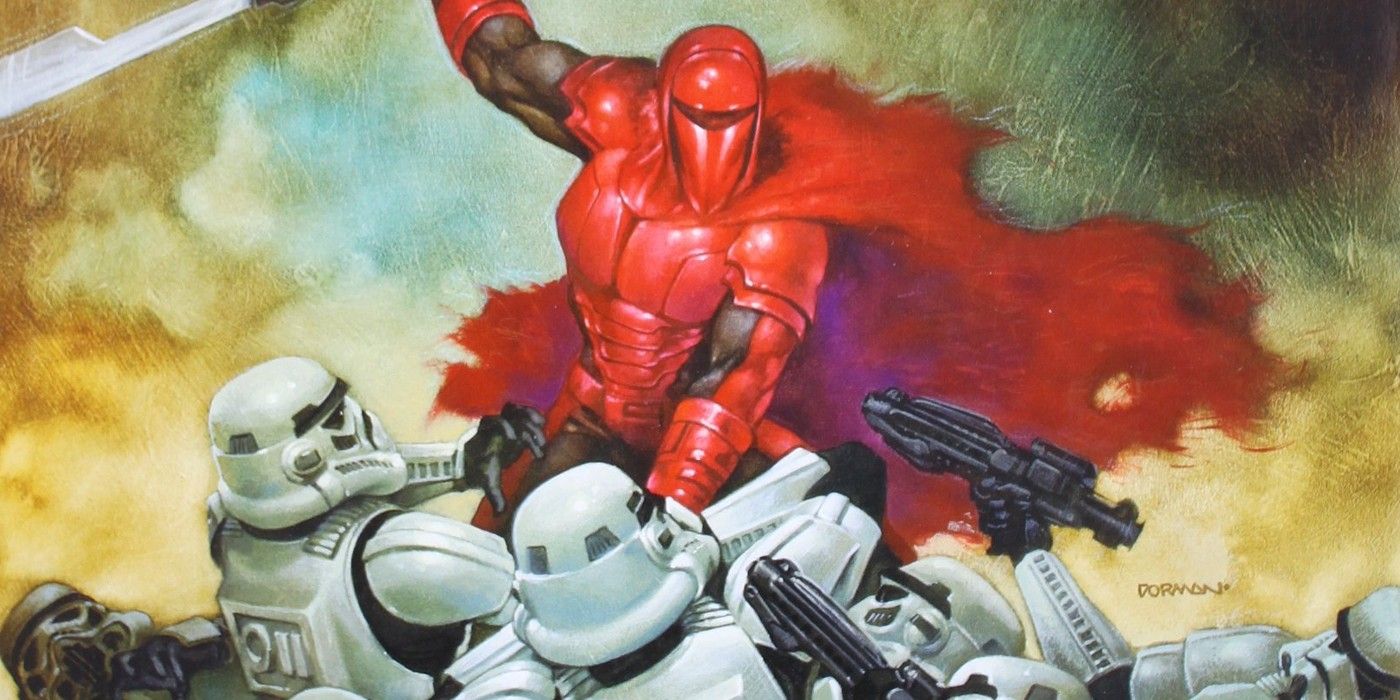 Sith guard fights stormtroopers on the cover of Star Wars Art Comics