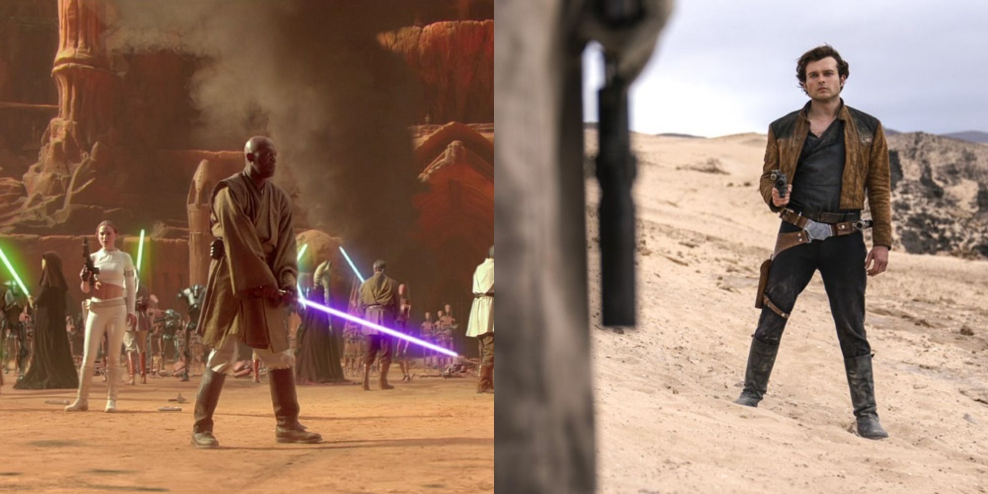 Split image of Jedi in Attack of the Clones and Han Solo in Star Wars
