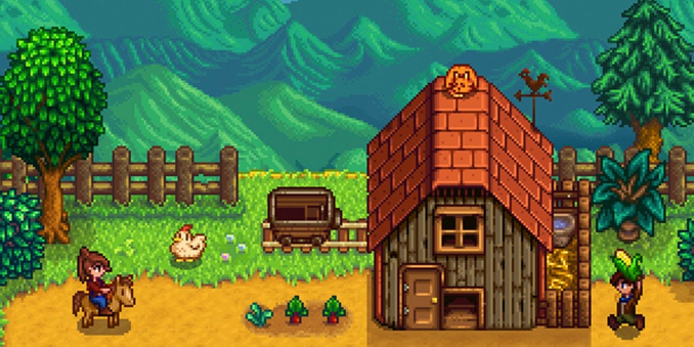 The player character on a horse next to a barn in Stardew Valley.