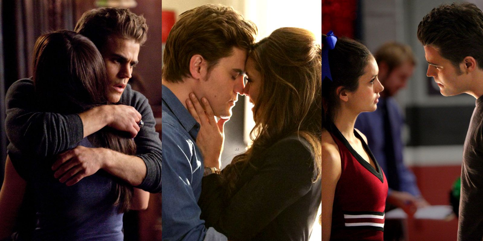 Split image of Stefan and Elena hugging, in an alternate universe, and at school in The Vampire Diaries.