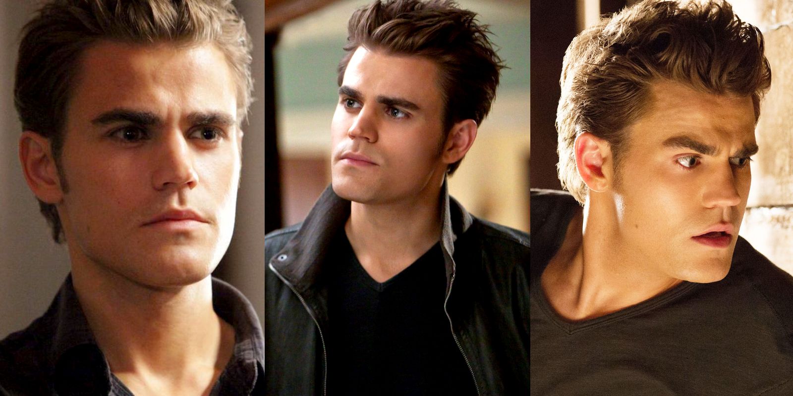 Split image of Stefan looking onward, looking at Klaus, and trapped in The Vampire Diaries.