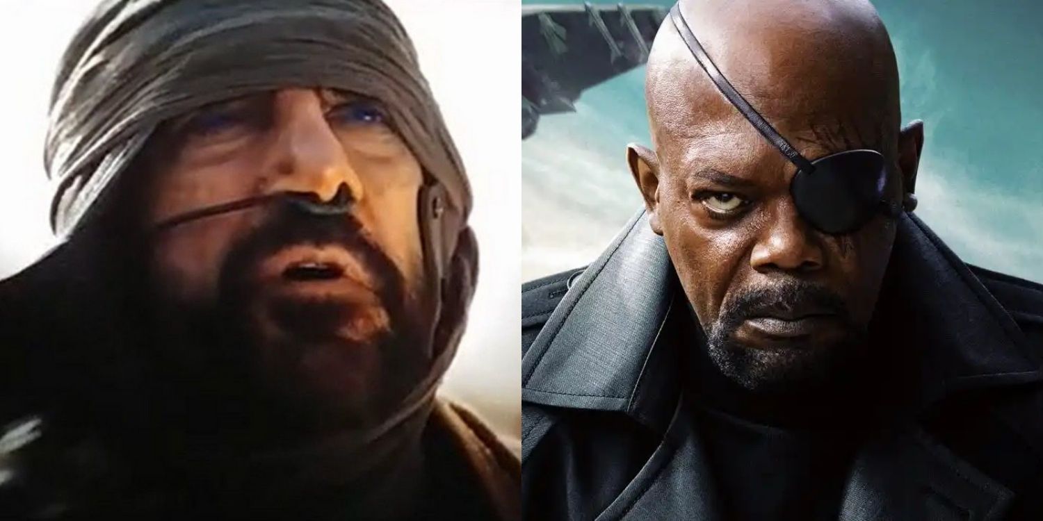 Dune's Stilgar and MCU's Nick Fury in a split image