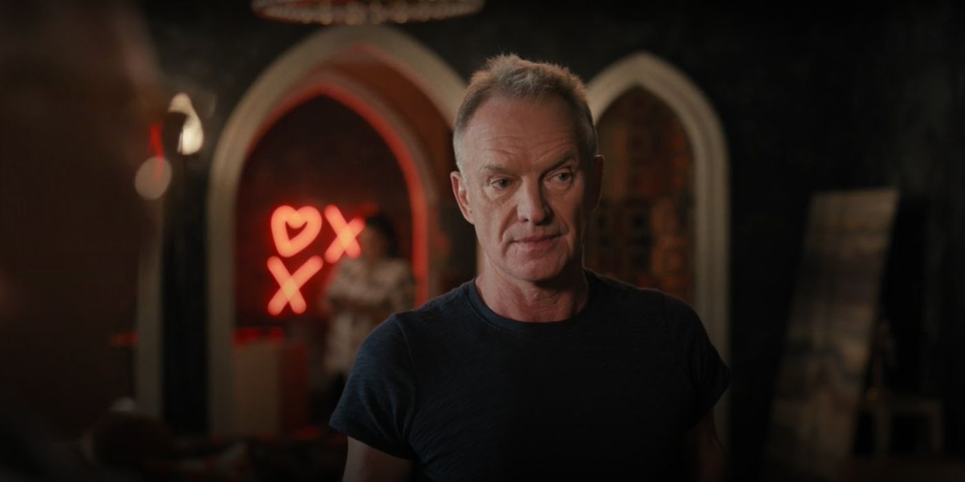 Sting stands in his apartment living room in Only Murders in the Building