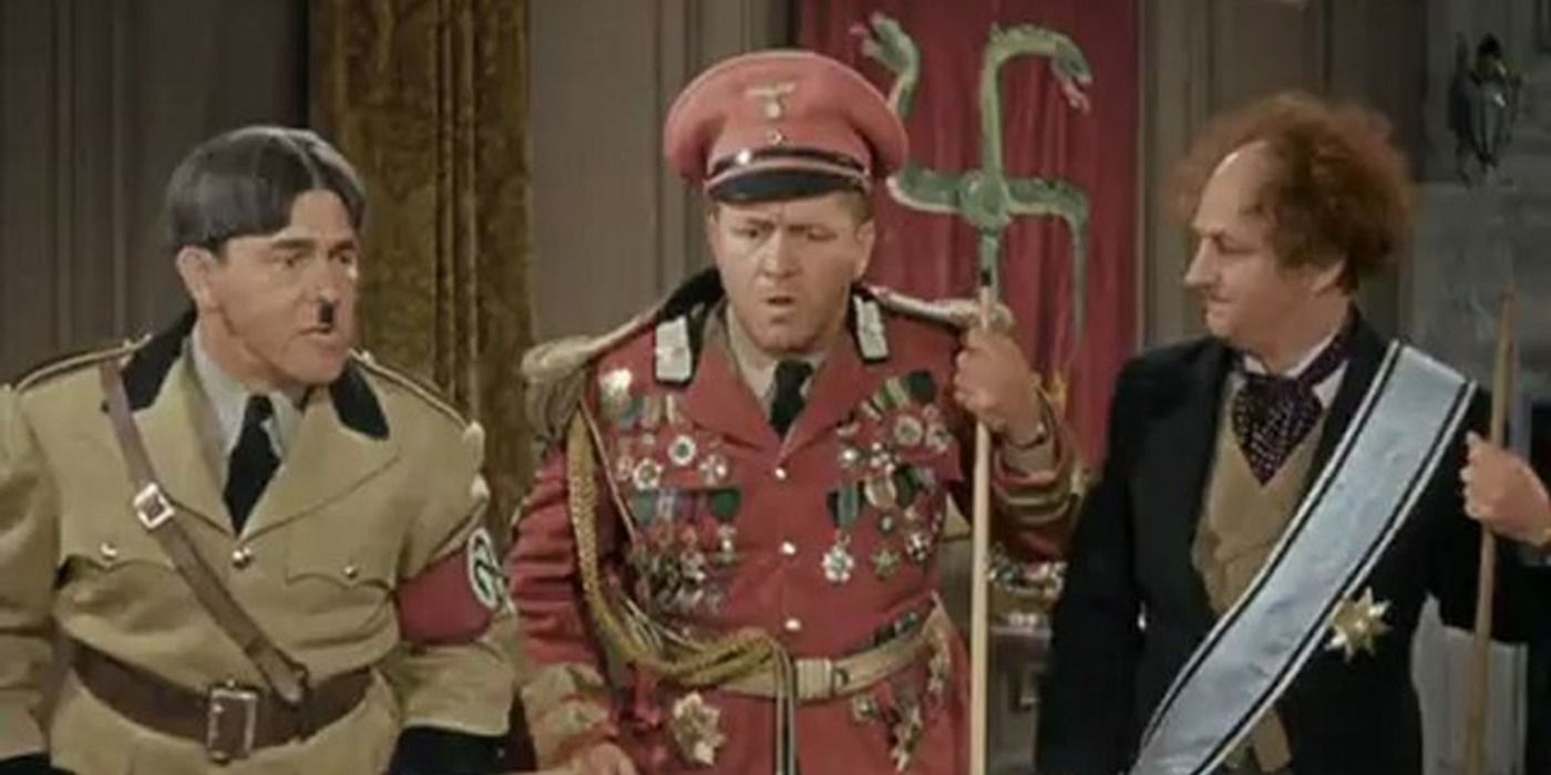 A colorized still featuring Moe's Hitler parody
