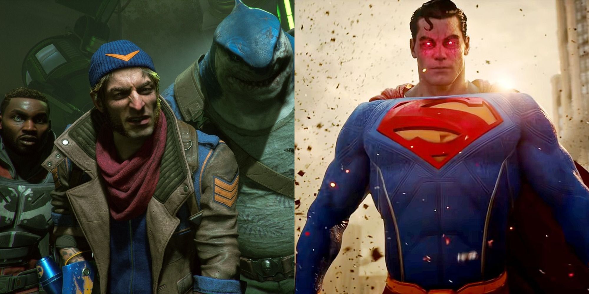 Split image of the Suicide Squad & Superman with glowing red eyes in Suicide Squad: Kill the Justice League.