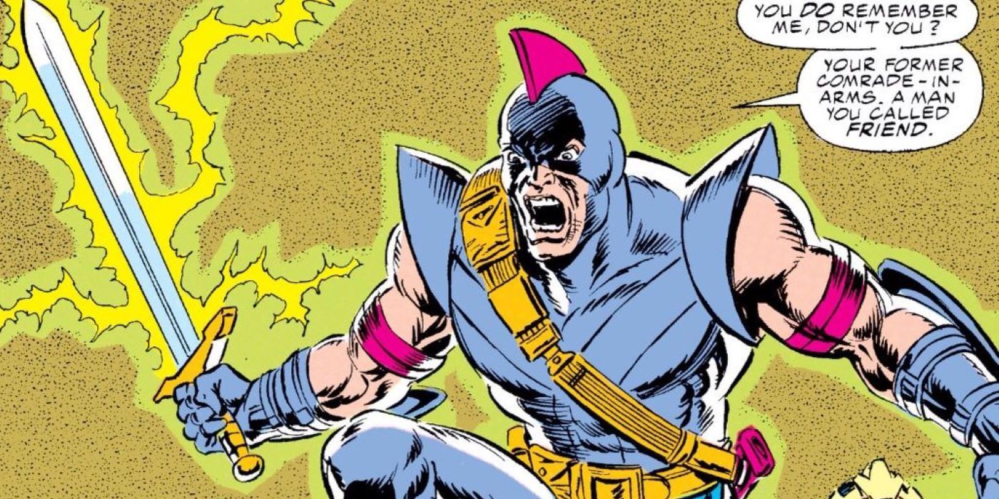 The Swordsman screams as he wields his sword in Marvel Comics.