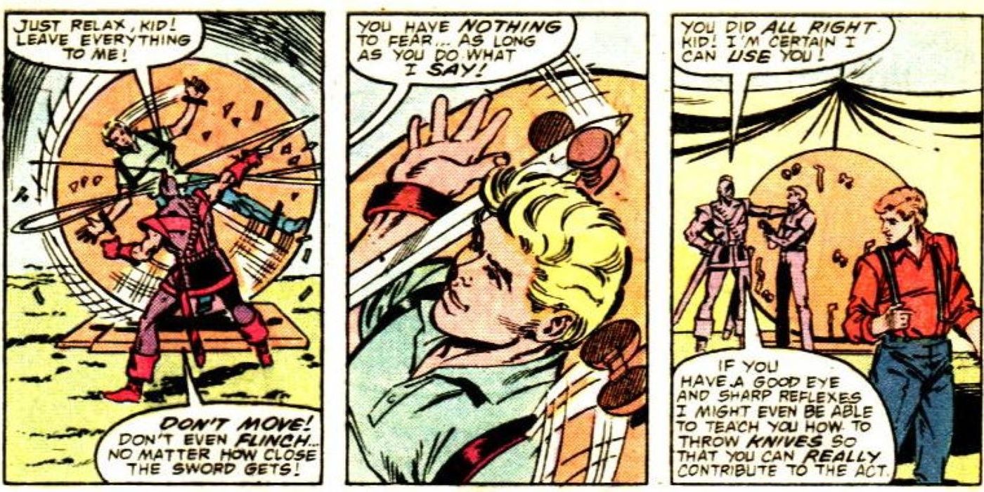 Marvel's Swordsman and Hawkeye during their early carnival act in Marvel Comics..