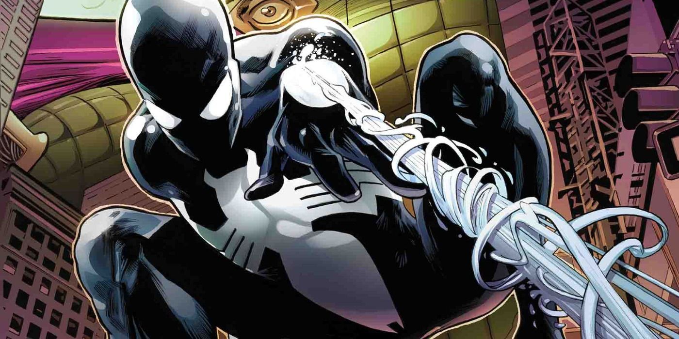 Peter in his symbiote infused black suit