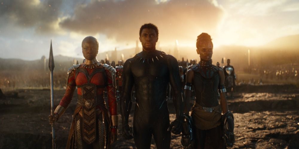 Okoye, T'Challa and Shuri standing together in Avengers: Endgame