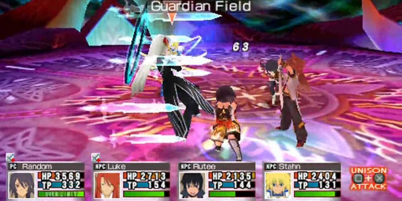 Four players fight on a pink battlefield in Tales of the World: Radiant Mythology.