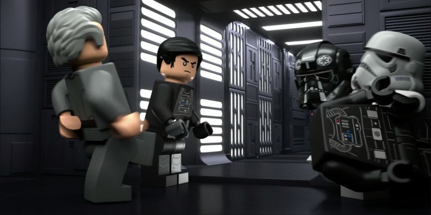 Tarkin gives Luke a pilots uniform because he is too small to be a stormtrooper in LEGO Star Wars Terrifying Tales