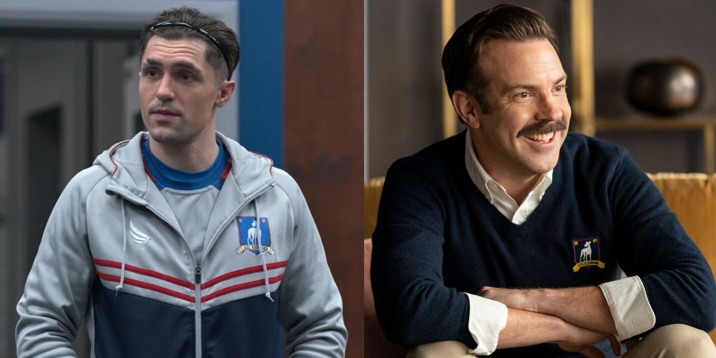 Split Image of Jamie in the locker room and Ted smiling from Ted Lasso.