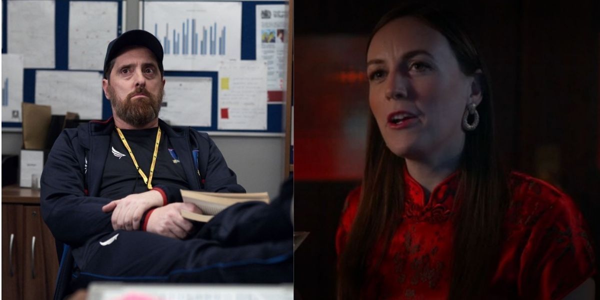 Split image: Coach Beard sitting down and Jane in Ted Lasso