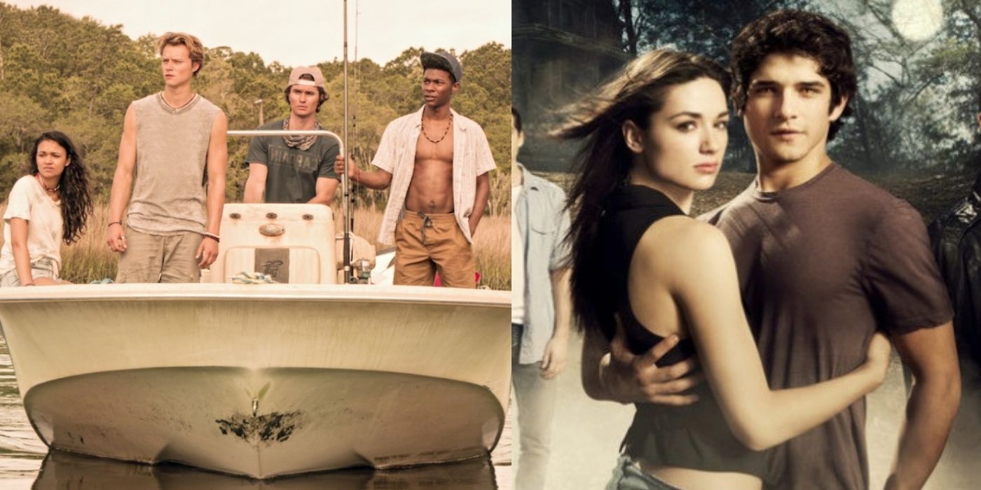 Split image of the Outer Banks cast and two characters from Teen Wolf hugging