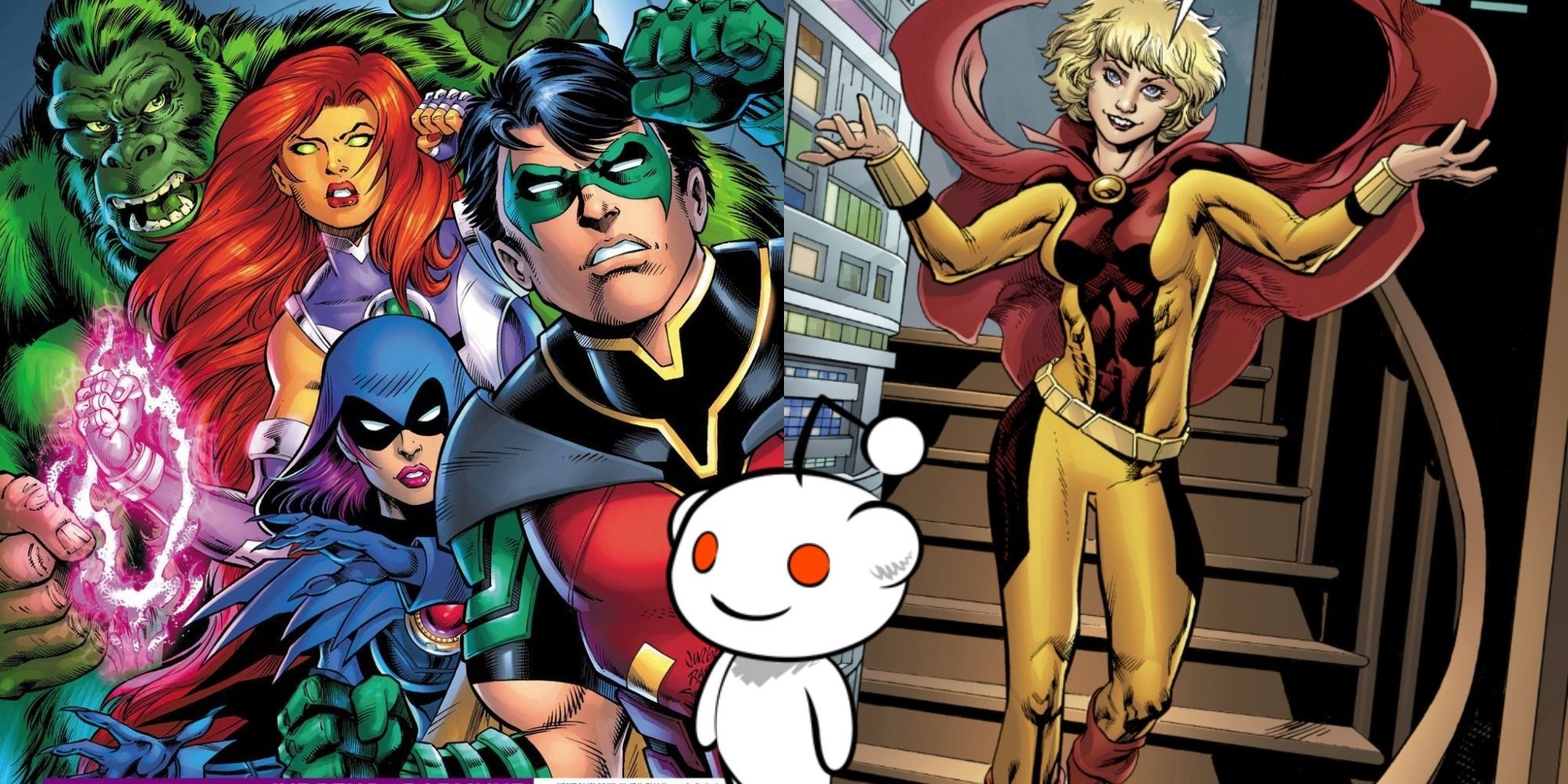 Split image showing the Teen Titans and Terra, and Snoo from Reddit.