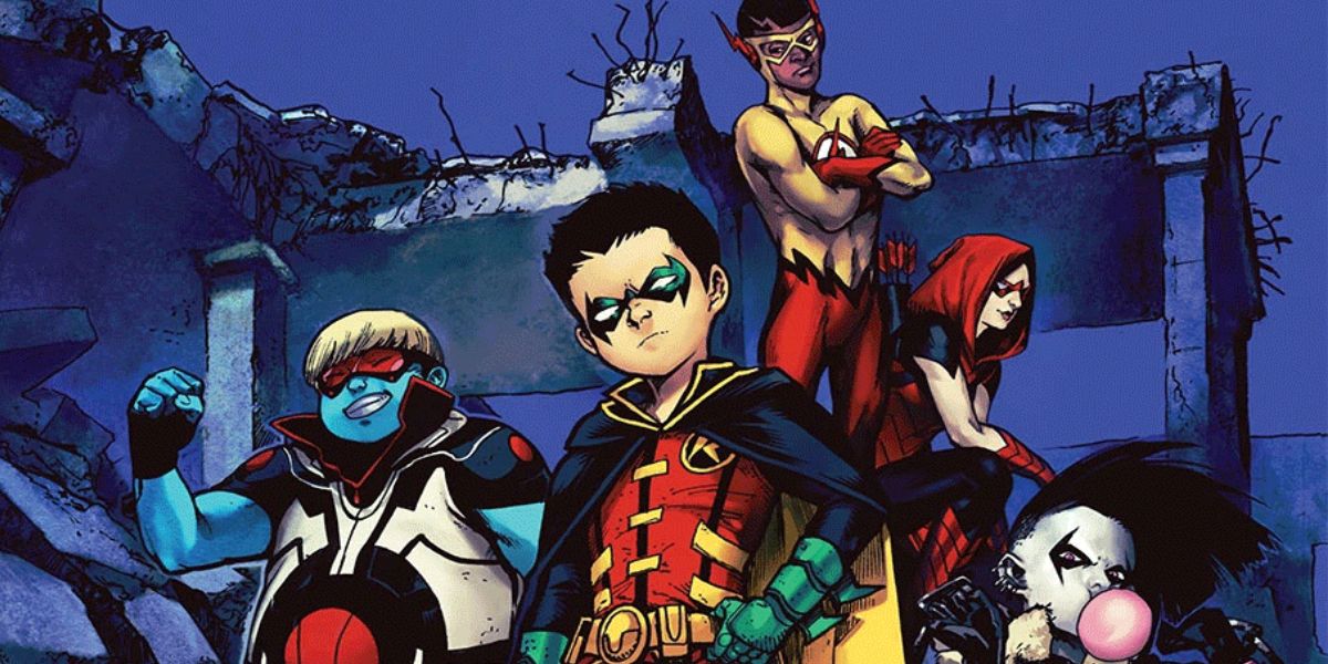 Robin and the Teen Titans pose at night in DC Comics.
