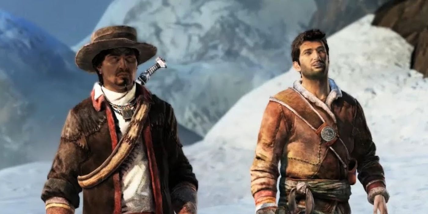 Tenzin walks through the snow with Drake in Uncharted: Among Thieves