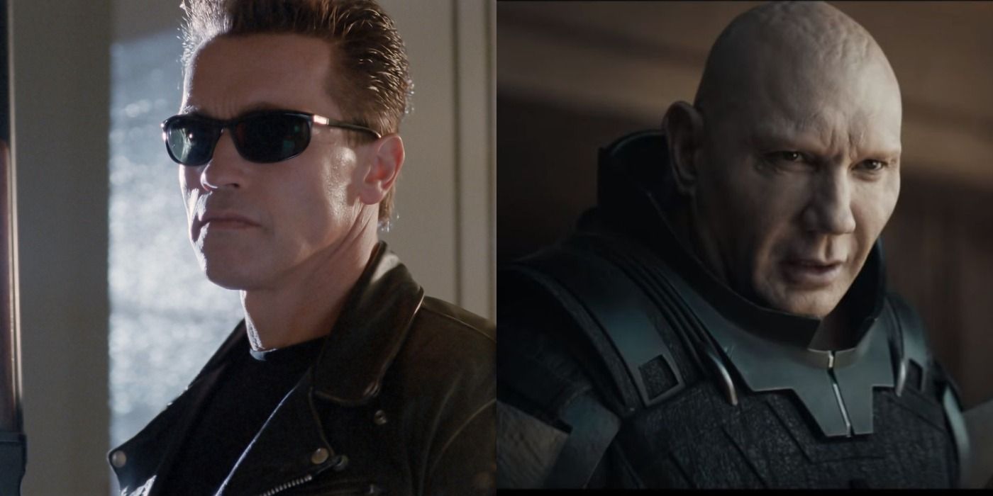 Split image showing the T-1000 in T2 and Glossu Rabban in Dune 2021
