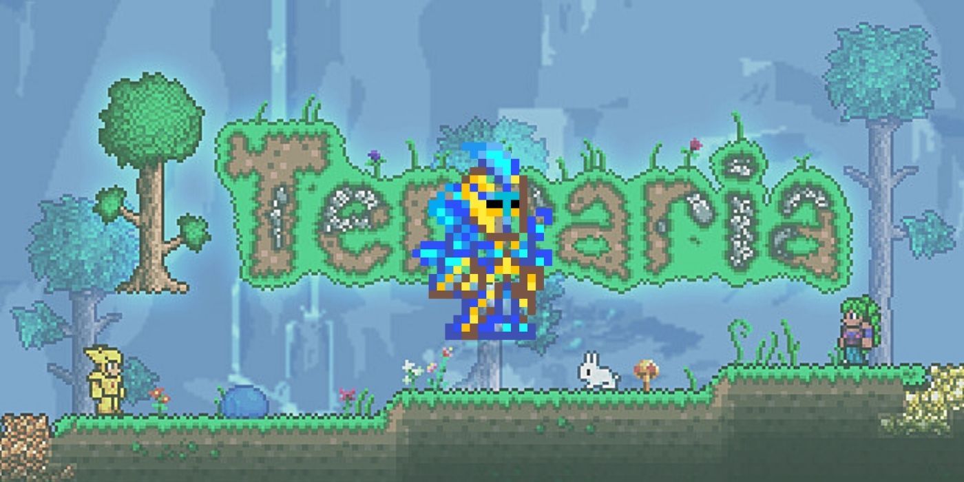 The Stardust Armor against a Terraria background