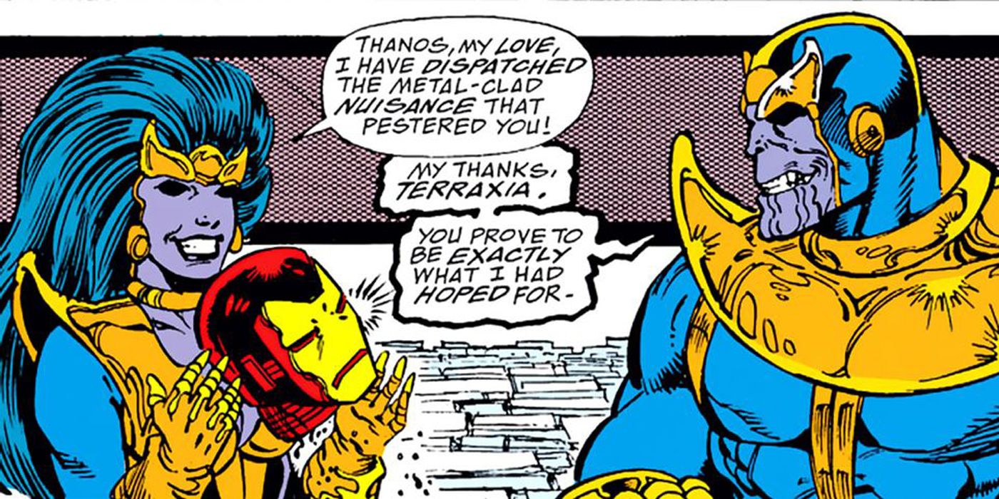 Terraxia presents Iron Man's head to Thanos in Infinity Gauntlet.