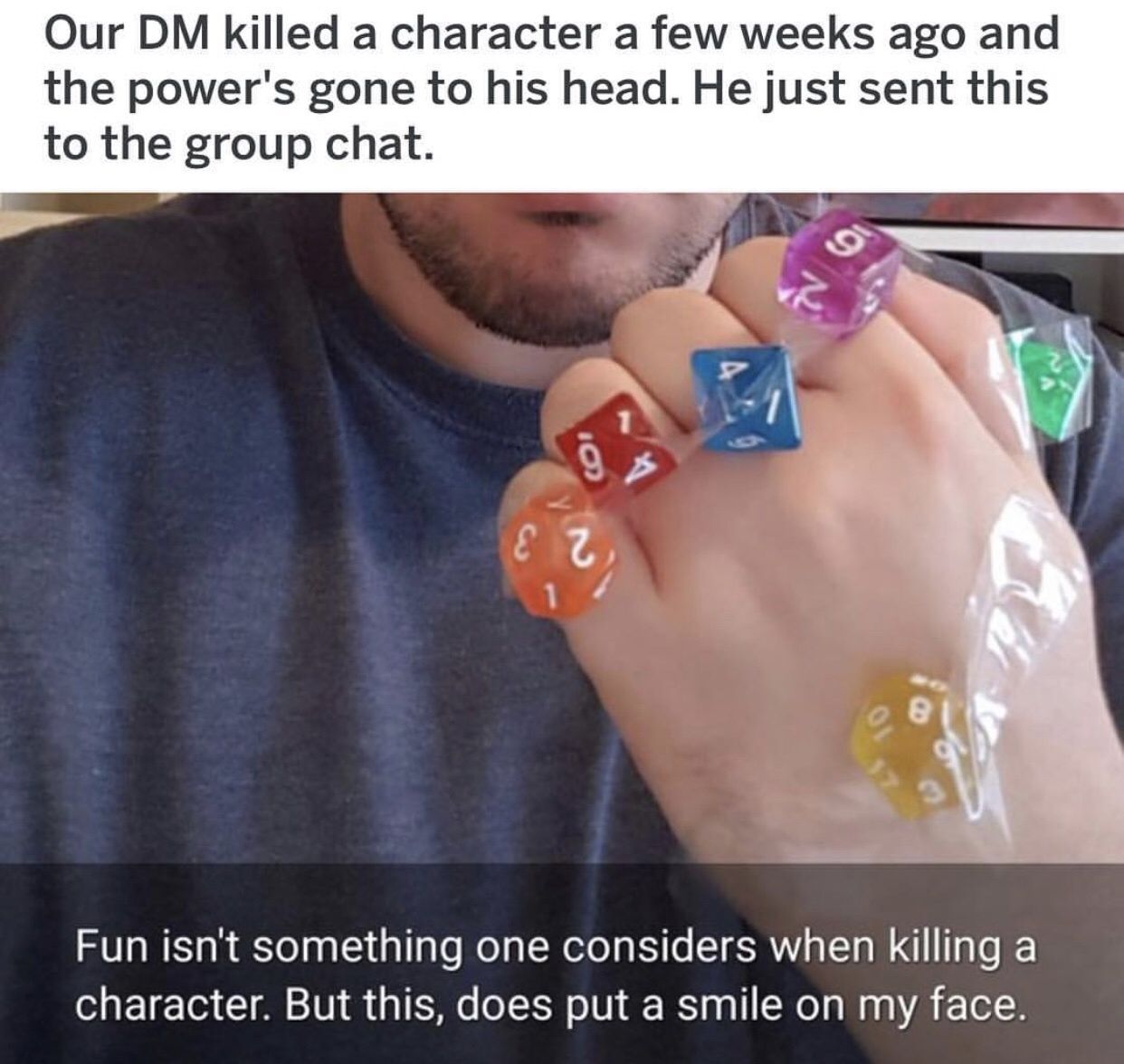 D&amp;D dice are taped to a man&rsquo;s wrist like Thanos with the Infinity Gauntlet