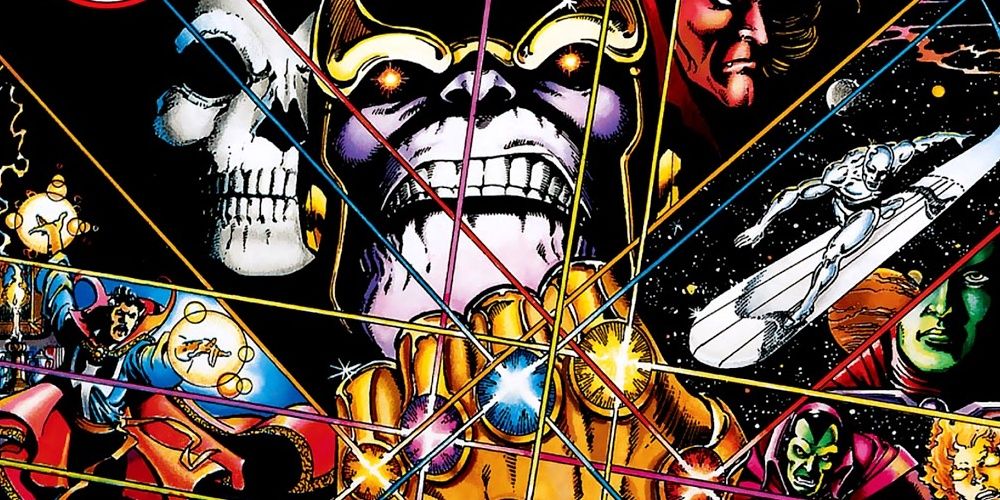 Thanos wielding his Infinity Gauntlet on the cover of Infinity Gauntlet comic.