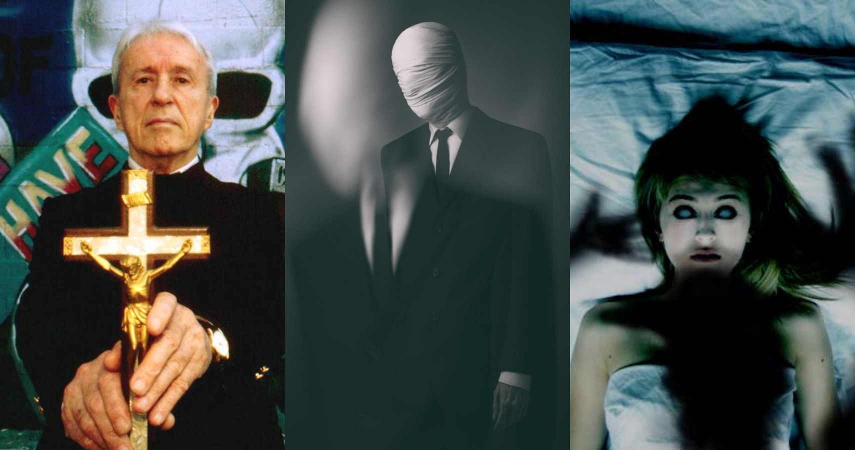 Split image of Father Malchin, the Slenderman, and someone scared by a shadow while sleeping