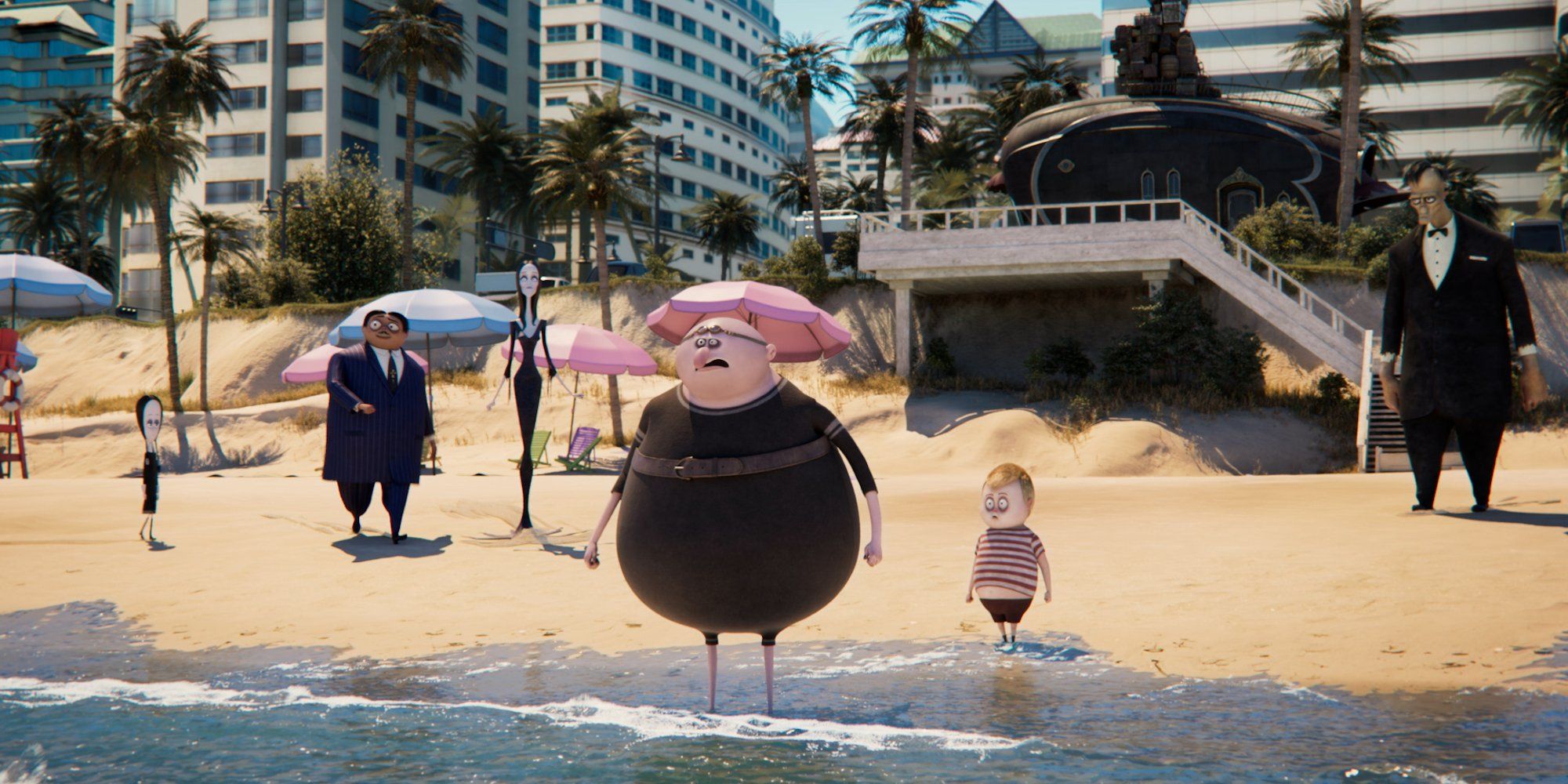 The Addams Family at the beach with Uncle Fester about to swim in the ocean in The Addams Family 2.