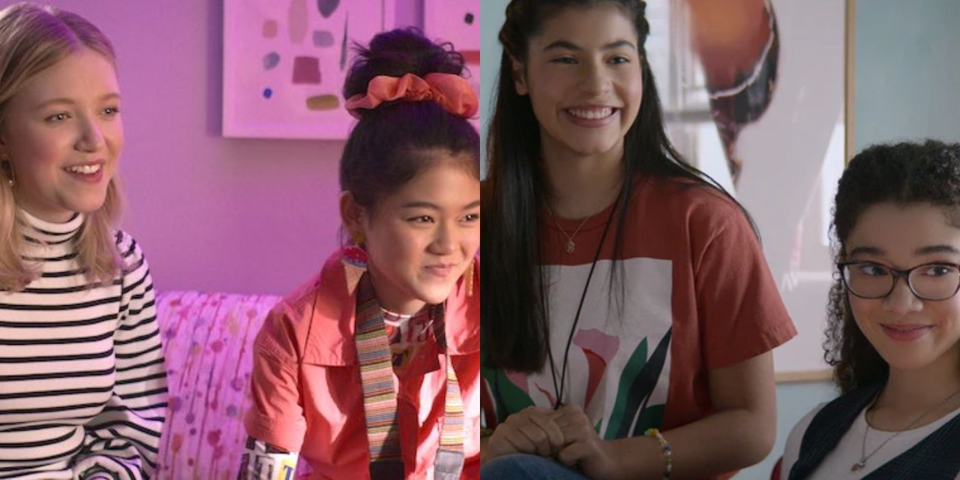 Split image of Stacey and Claudia and Dawn and Mary Anne in The Baby-Sitters Club
