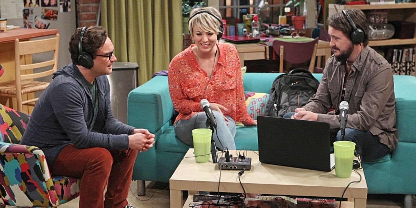 Leonard and Penny record Wil's podcast on The Big Bang Theory.