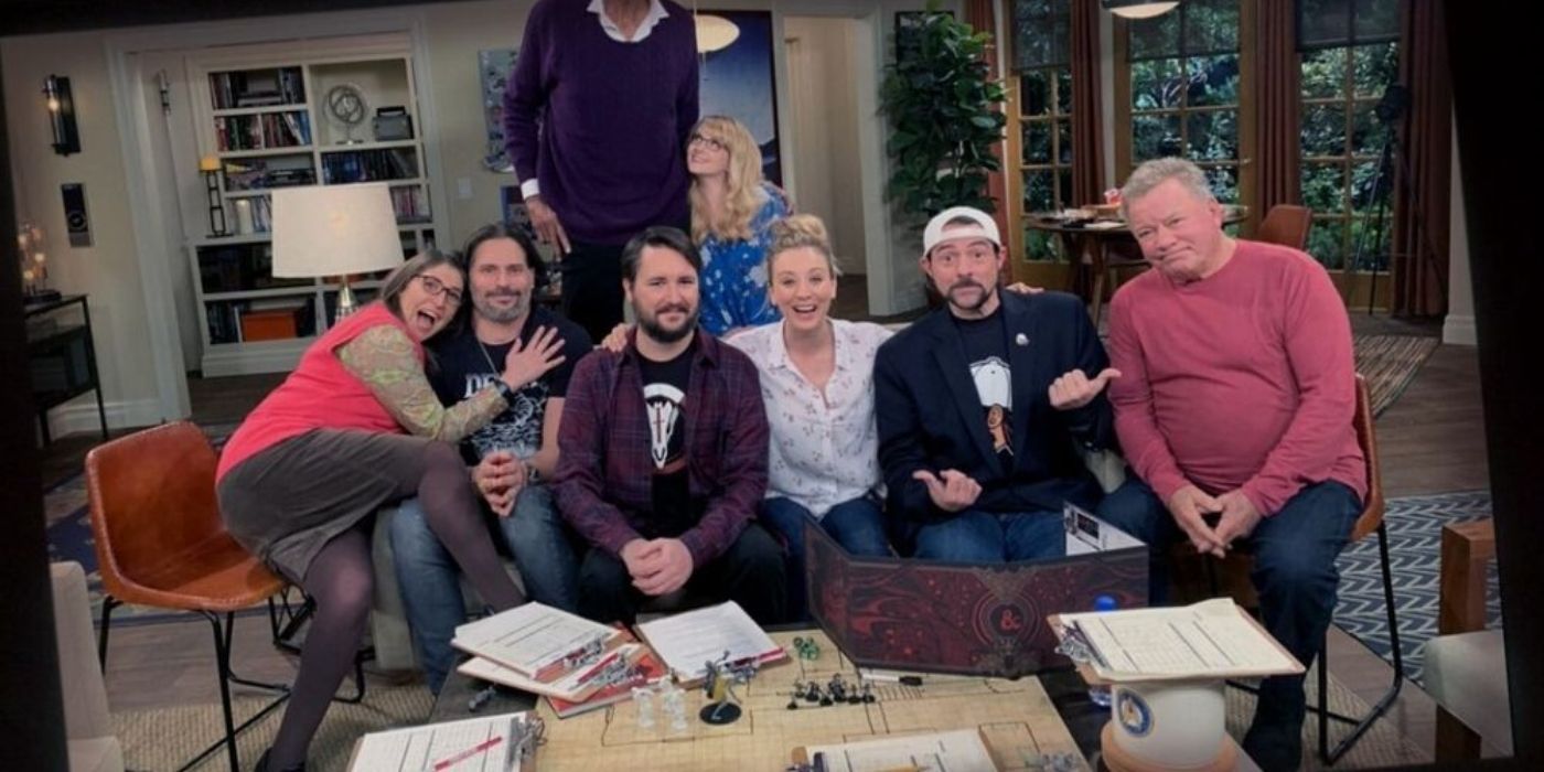 Amy, Penny, and Bernadette with Wil Wheaton's celebrity D&amp;D group on The Big Bang Theory.