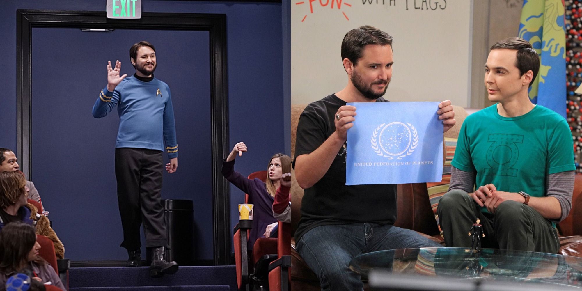 Split image: Wil Wheaton wears a Star Trek uniform, shows Sheldon a Star Trek flag on The Big Bang Theory.