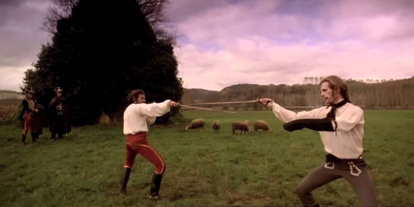 Two men have a sword fight in 1977's The Duelists