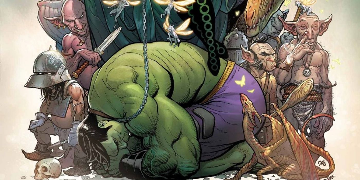 The Enchantress resting her feet on Amadeus Cho on the cover of Incredibly Awesome Hulk 