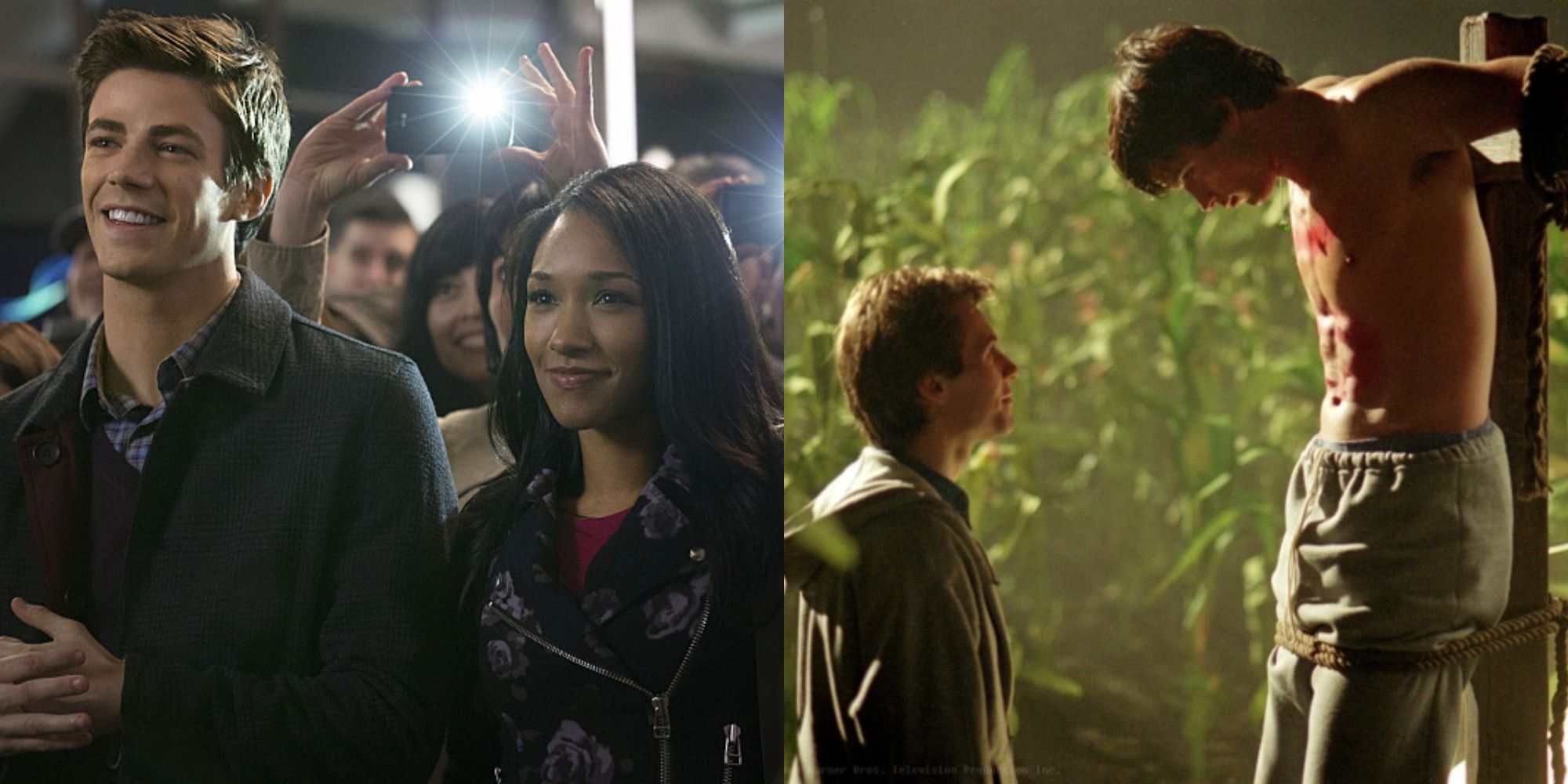 Split image of the Flash & Iris smiling and Calrk hanging from a cross in Smallville.
