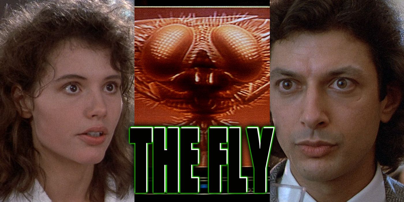 Split image of Victoria, a housefly and Seth Brundle in The Fly.