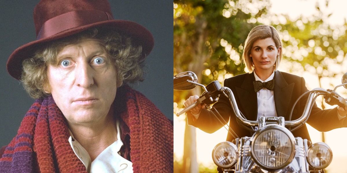 Split image of the 4th Doctor and 13th Doctor in Dr. Who