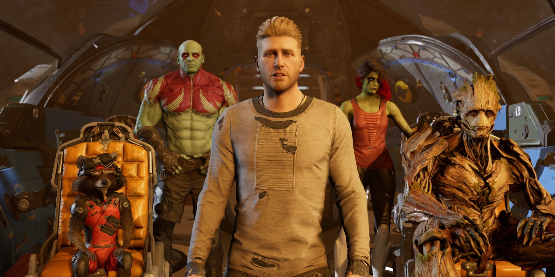 The Guardians gathered together on the bridge of the Milano in Marvel's Guardians Of The Galaxy