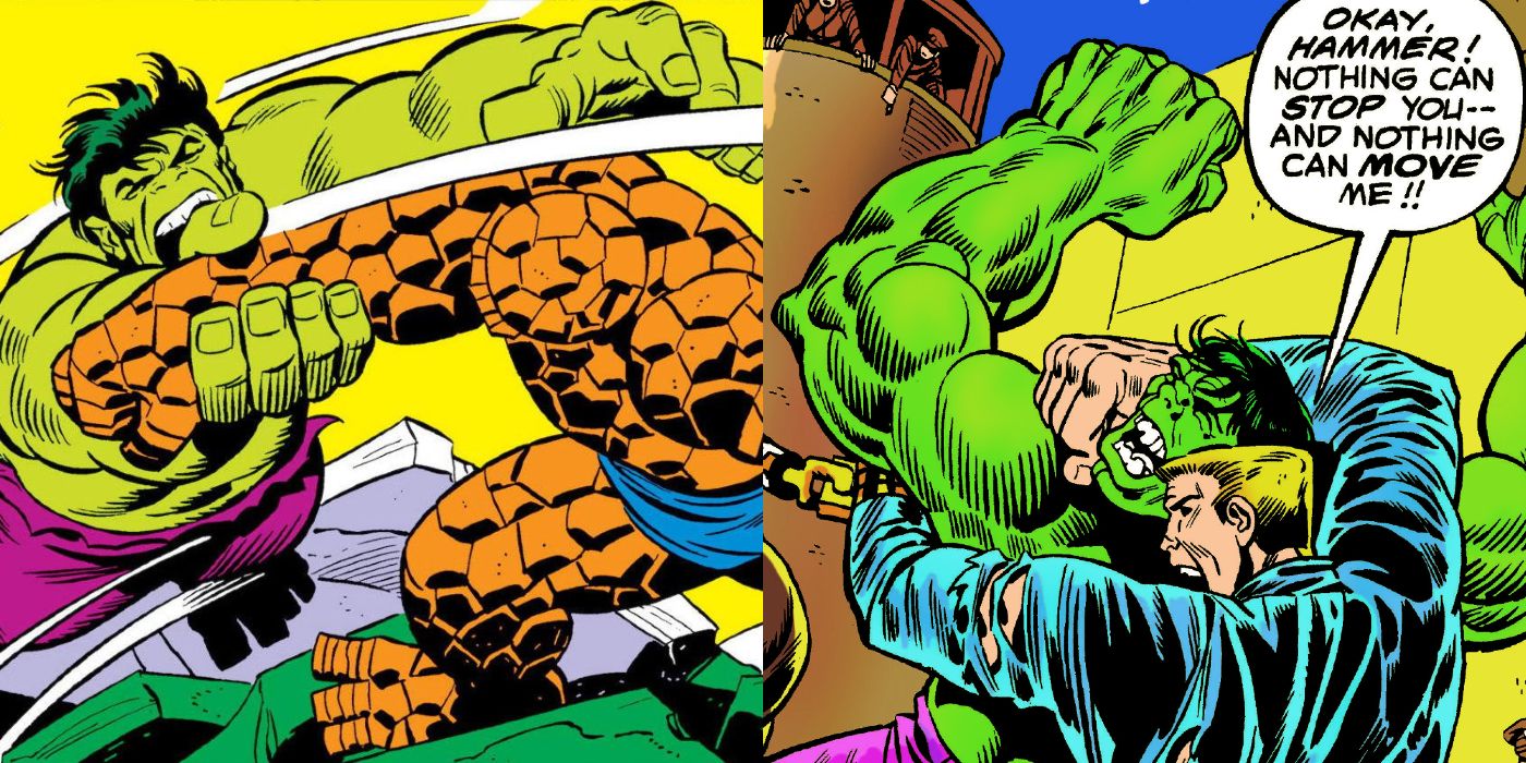 Split image: The Hulk fights Thing, the Hulk grapples with a bad guy.