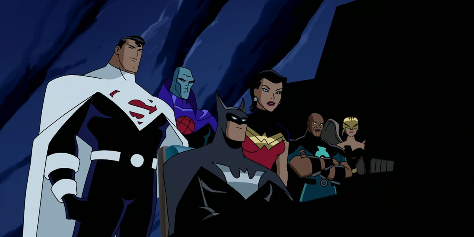 The Justice Lords in the Batcave in Justice League