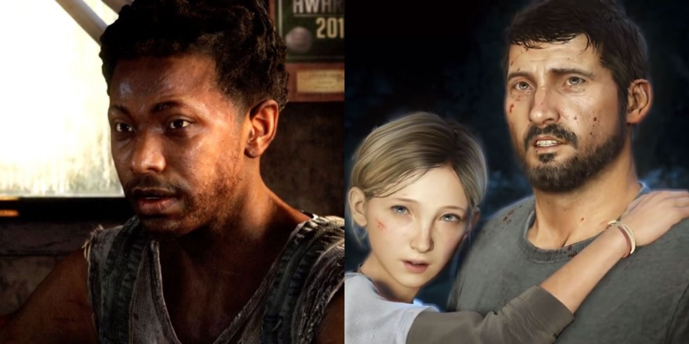Split image: Henry looks to his right/ Joel holds Sarah in his arms in The Last of Us