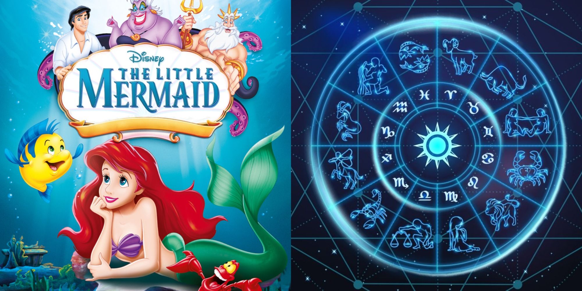 Split image showing a poster for The Little Mermaid and a zodiac wheel